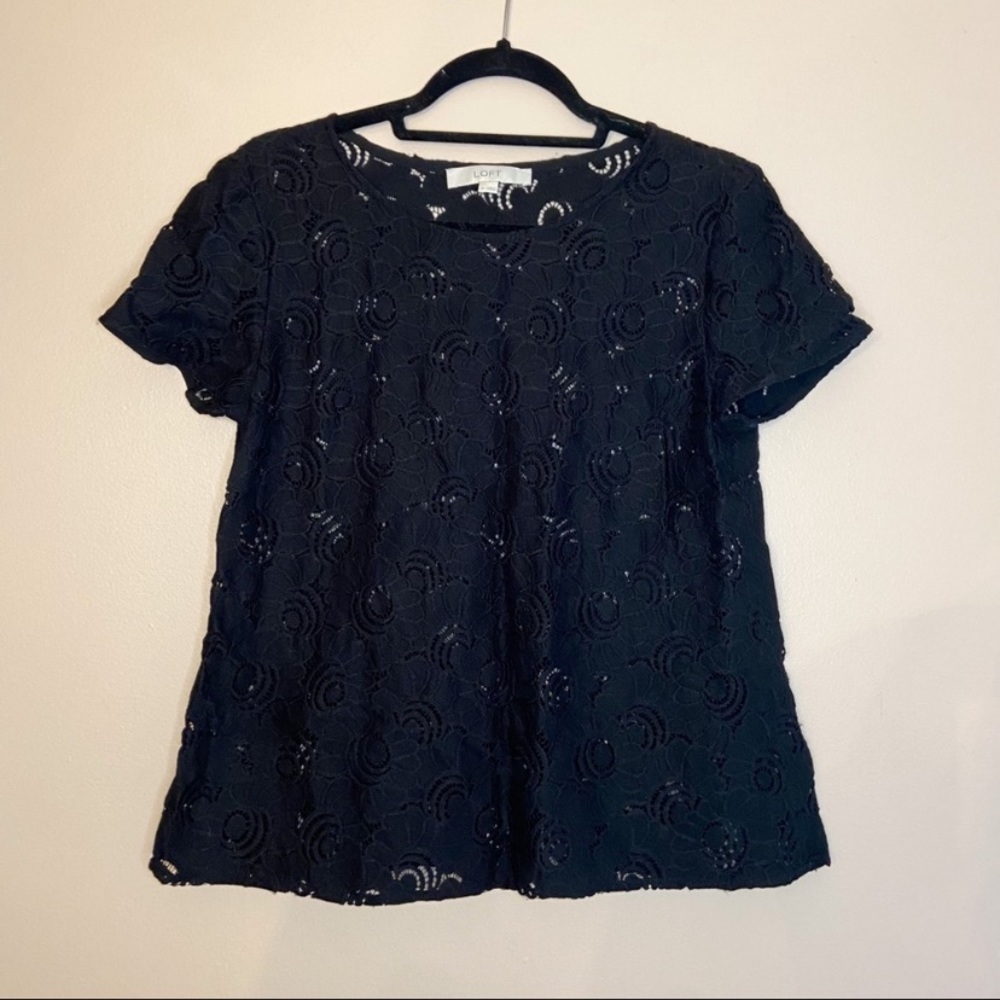 LOFT Black Floral Eyelet Short Sleeve Blouse
